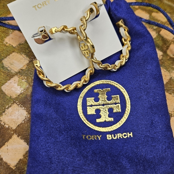 Tory Burch Gold and White Marion Woven Hoop Earrings - Picture 3 of 4